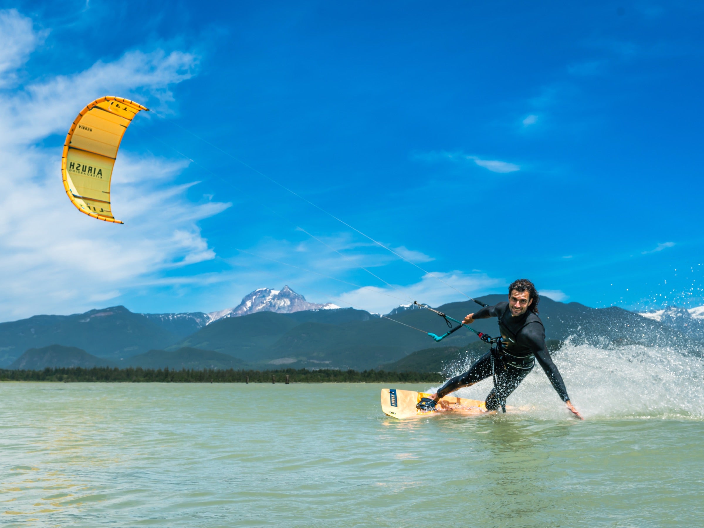 Kiteboarding in Squamish with mountain views